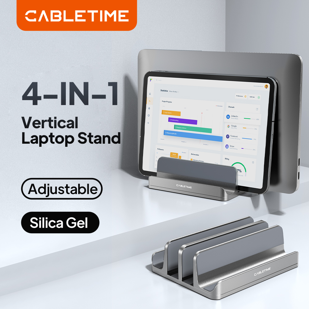 Vertical Laptop Stand - CABLETIME ขาตั้งแล็ปท็อปแนวตั้ง ขาตั้งโน้ตบุ๊คอะลูมิเนียมสำหรับแมคบุคแอร์โปร ไอแพด เอชพี เดลล์