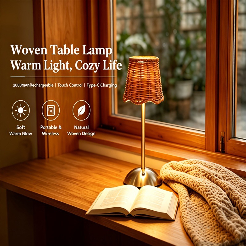 Desk Setup Lamp - โคมไฟตั้งโต๊ะสไตล์โบฮีเมียนทำจากหวายถัก ปรับแสงได้ 3 ระดับ ควบคุมด้วยระบบสัมผัส ใช้พอร์ต