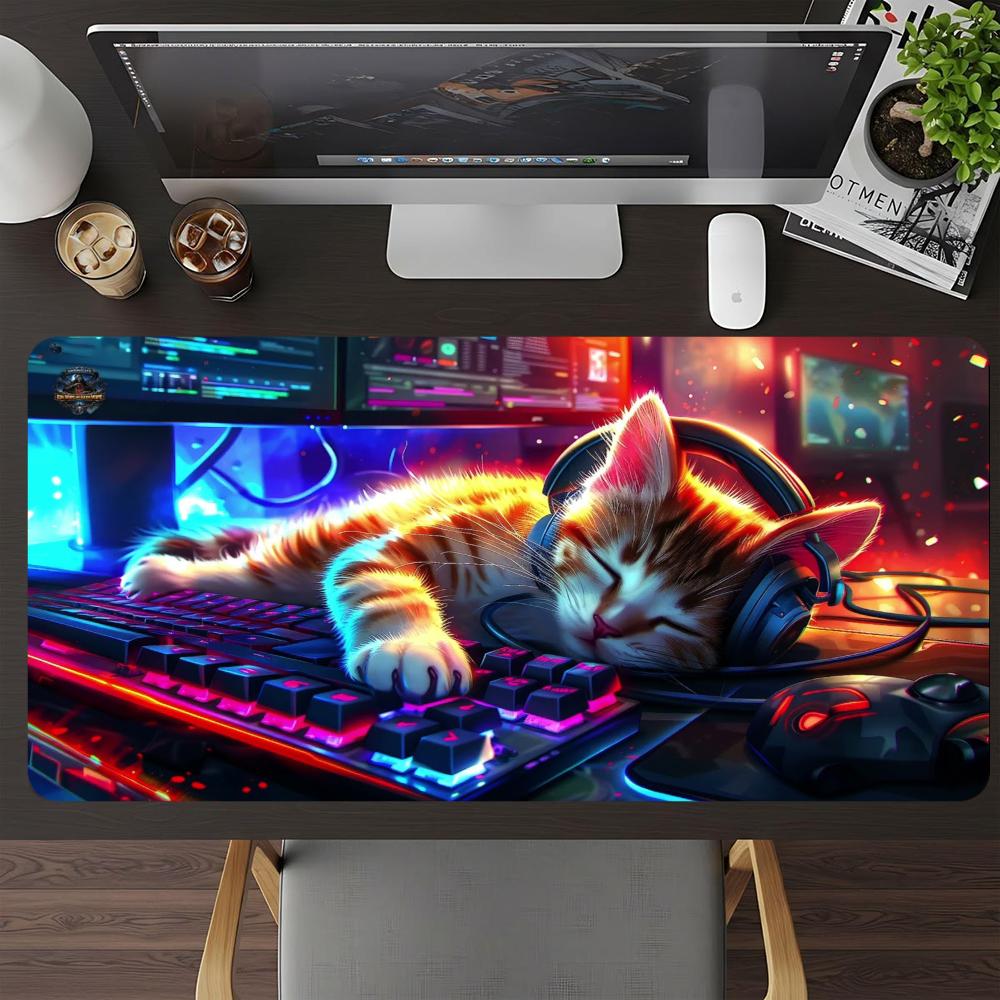 Desk Setup Headphones - แผ่นรองเมาส์เกมมิ่งลายหูฟังไซเบอร์พังค์ ฐานยางกันลื่น ขนาดใหญ่ สำหรับการตั้งค่าอีสปอร์ต