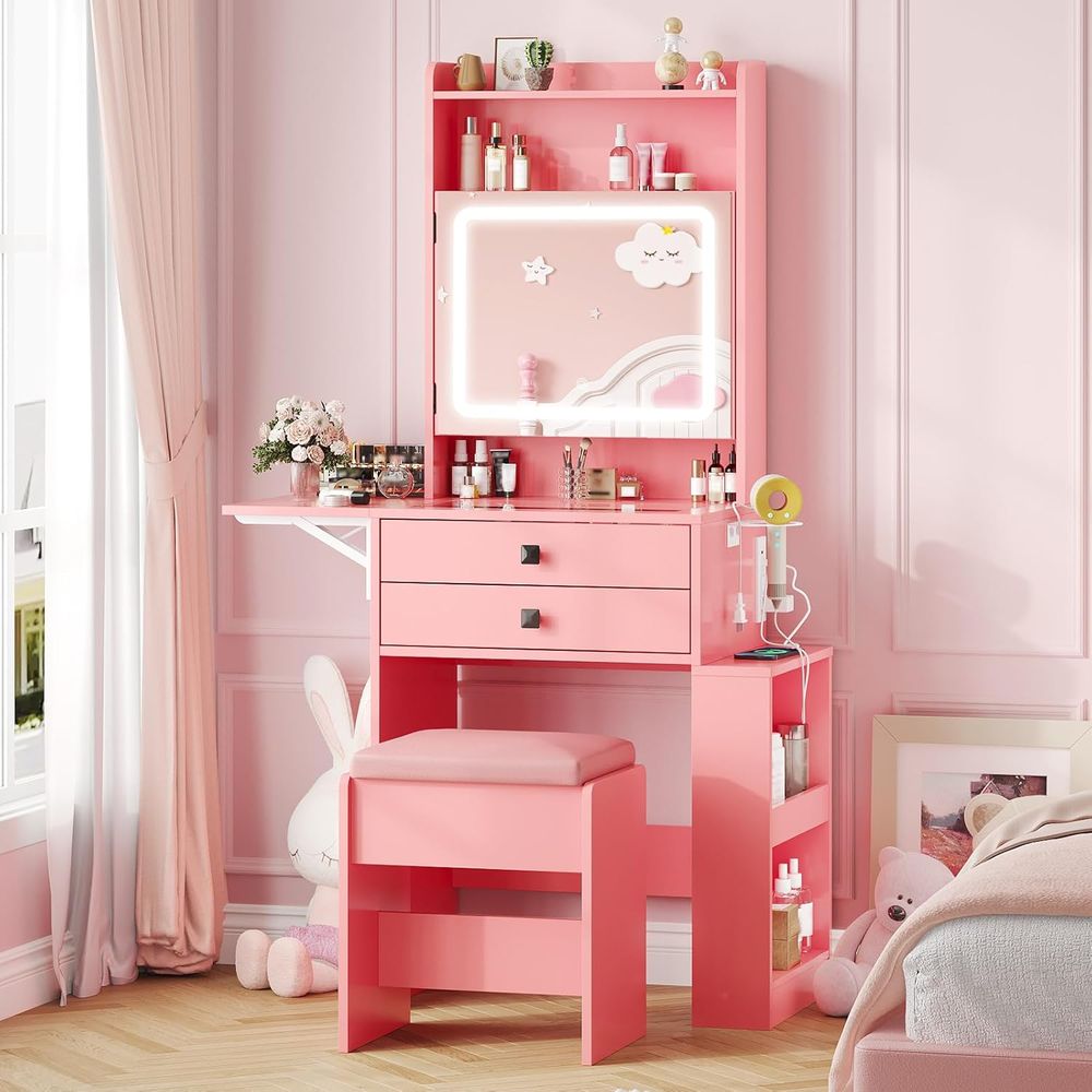 Desk Setup Small - โต๊ะเครื่องแป้งขนาดเล็ก Vabches พร้อมแผงลายวินเทจ ชุดโต๊ะเครื่องแป้งสีชมพู | โต๊ะกระจกพร้อมกระจกมีไฟปรับระดับได้