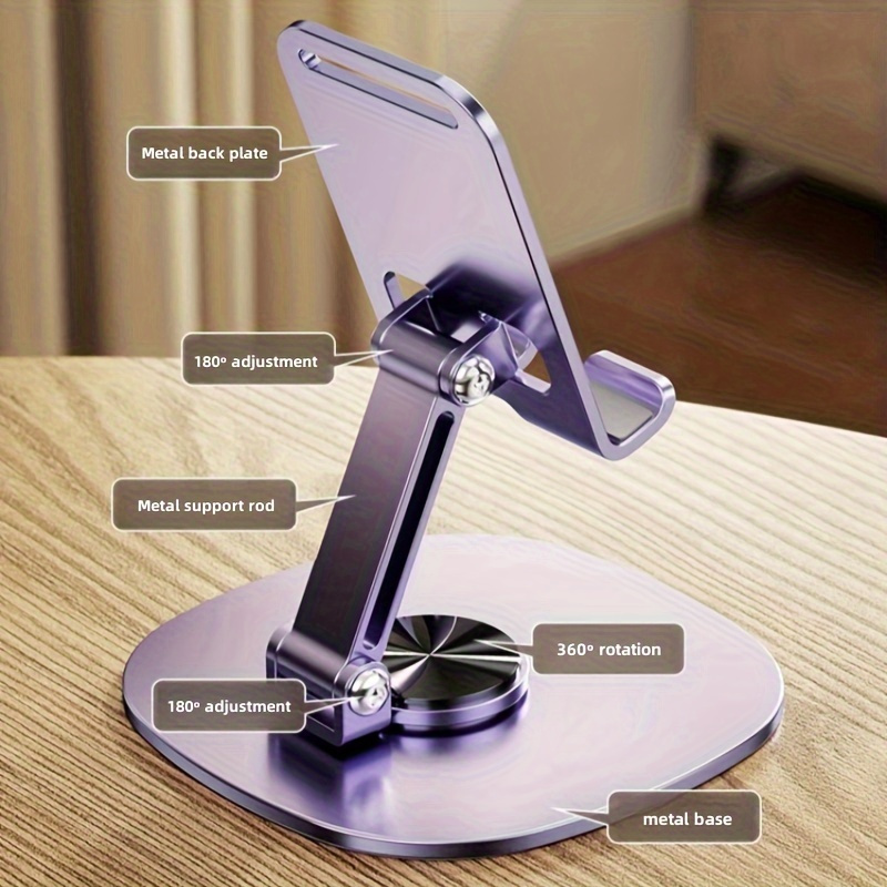 Desk Setup Essentials - 360 ° ที่วางโทรศัพท์โลหะ, ขาตั้งแบบพับได้, ฐานแข็งแรง, ใช้ได้กับโต๊ะและข้างเตียง,