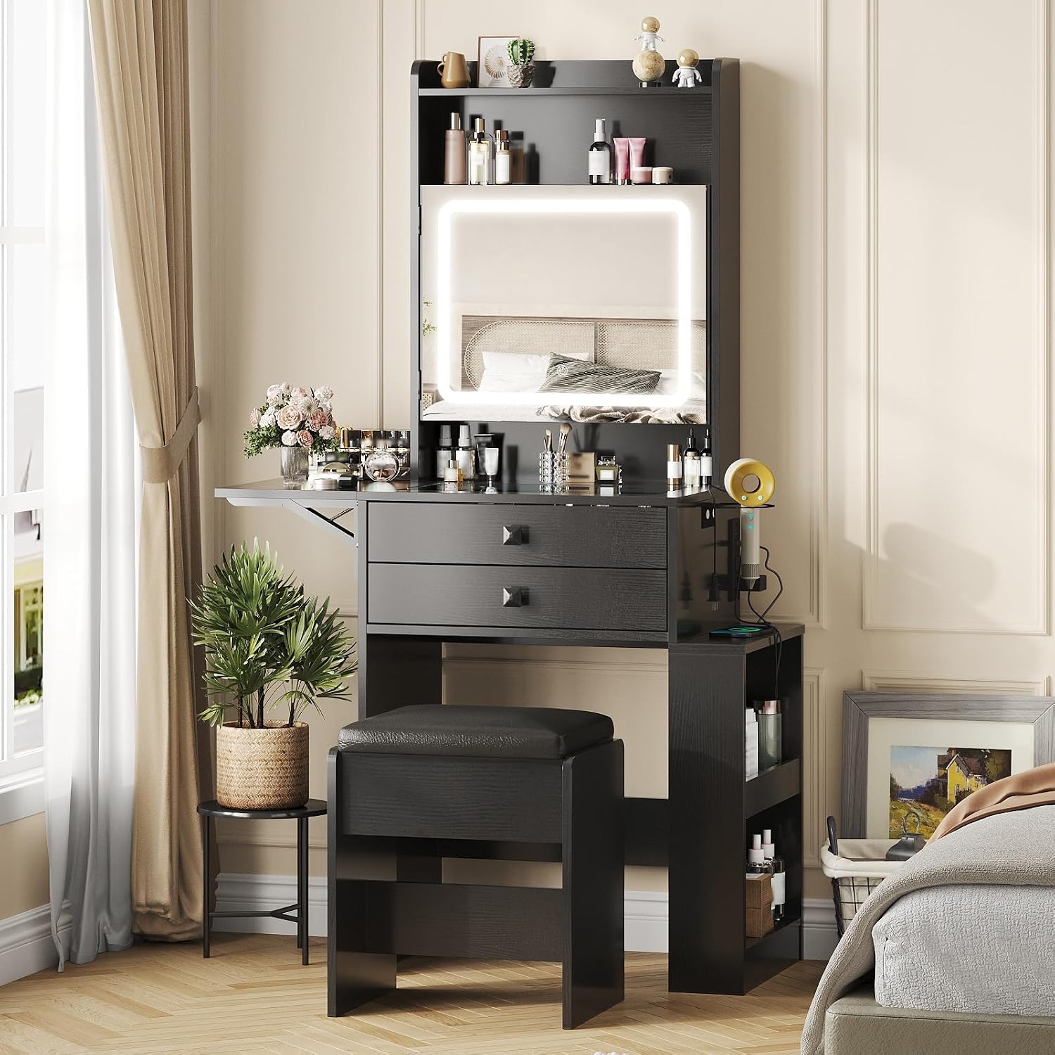 Desk Setup Small - โต๊ะเครื่องแป้งขนาดเล็กพร้อมแผงพับได้ ชุดโต๊ะเครื่องแป้งสีดำ | โต๊ะเครื่องแป้งหน้ากระจก แบบสั่งทำพิเศษ