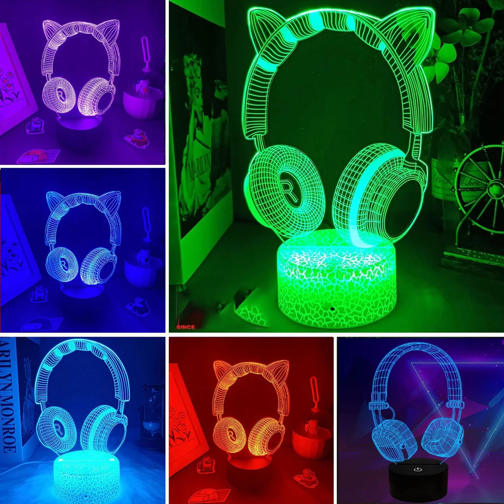 Desk Setup Headphones - หูฟังใหม่ชุดหูฟังไฟกลางคืนภาพลวงตา3D โคมไฟตั้งโต๊ะโคมไฟตั้งโต๊ะเกมคอนโซลโคมไฟตกแต่งห้องสำหรับเด็กของขวัญวันคริสต์มาส
