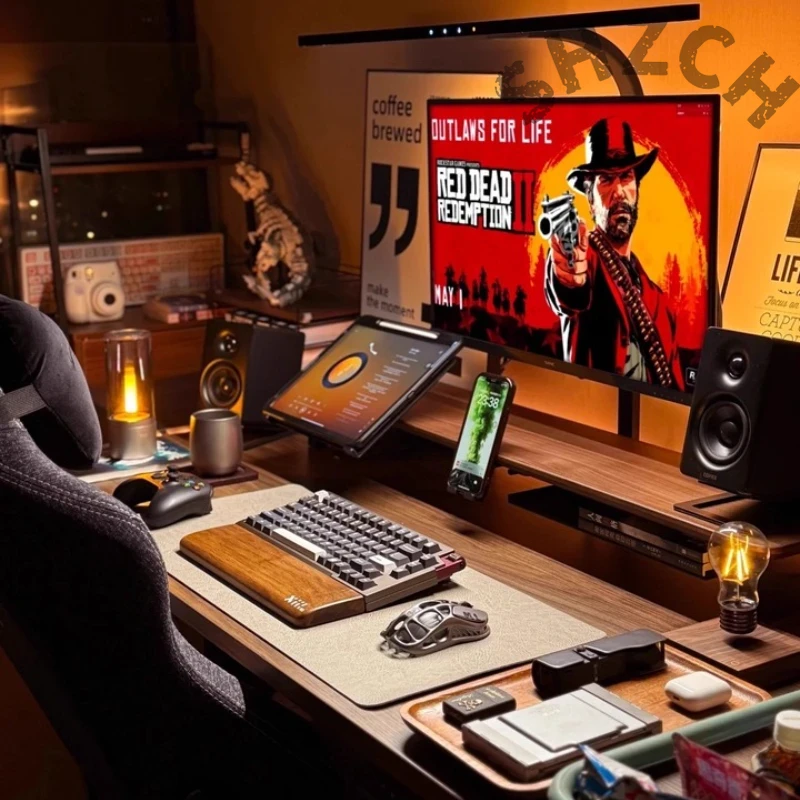 Desk Setup With Laptop And Monitor - ขาตั้งจอภาพแบบโมดูลาร์ไม้วอลนัทสำหรับการจัดโต๊ะทำงานตามหลักสรีรศาสตร์ – ขาตั้งปรับระดับความสูงสำหรับแล็ปท็อปและหน้าจอ เหมาะสำหรับสำนักงานหรือการเล่นเกม