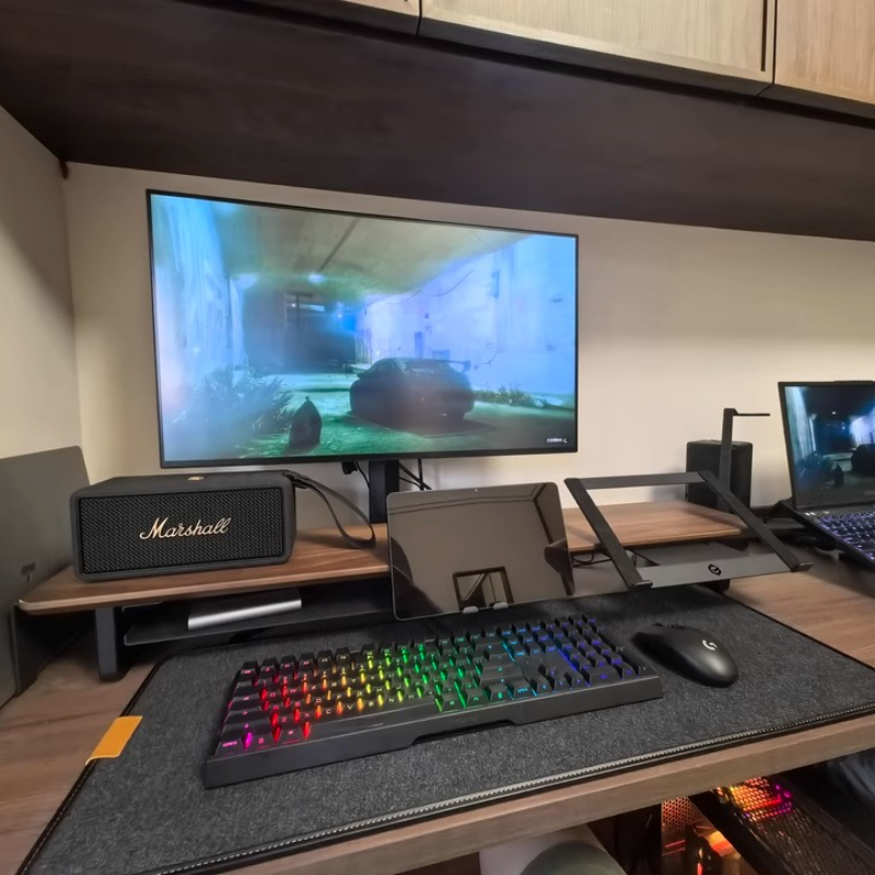 Desk Setup With Laptop And Monitor - ขาตั้งจอภาพแบบแยกส่วน ที่วางอุปกรณ์จัดระเบียบโต๊ะทำงานตามหลักสรีรศาสตร์ สีดำ อุปกรณ์เสริมสำหรับการตั้งค่าเกม ชั้นวางเก็บของสำหรับจอคอมพิวเตอร์