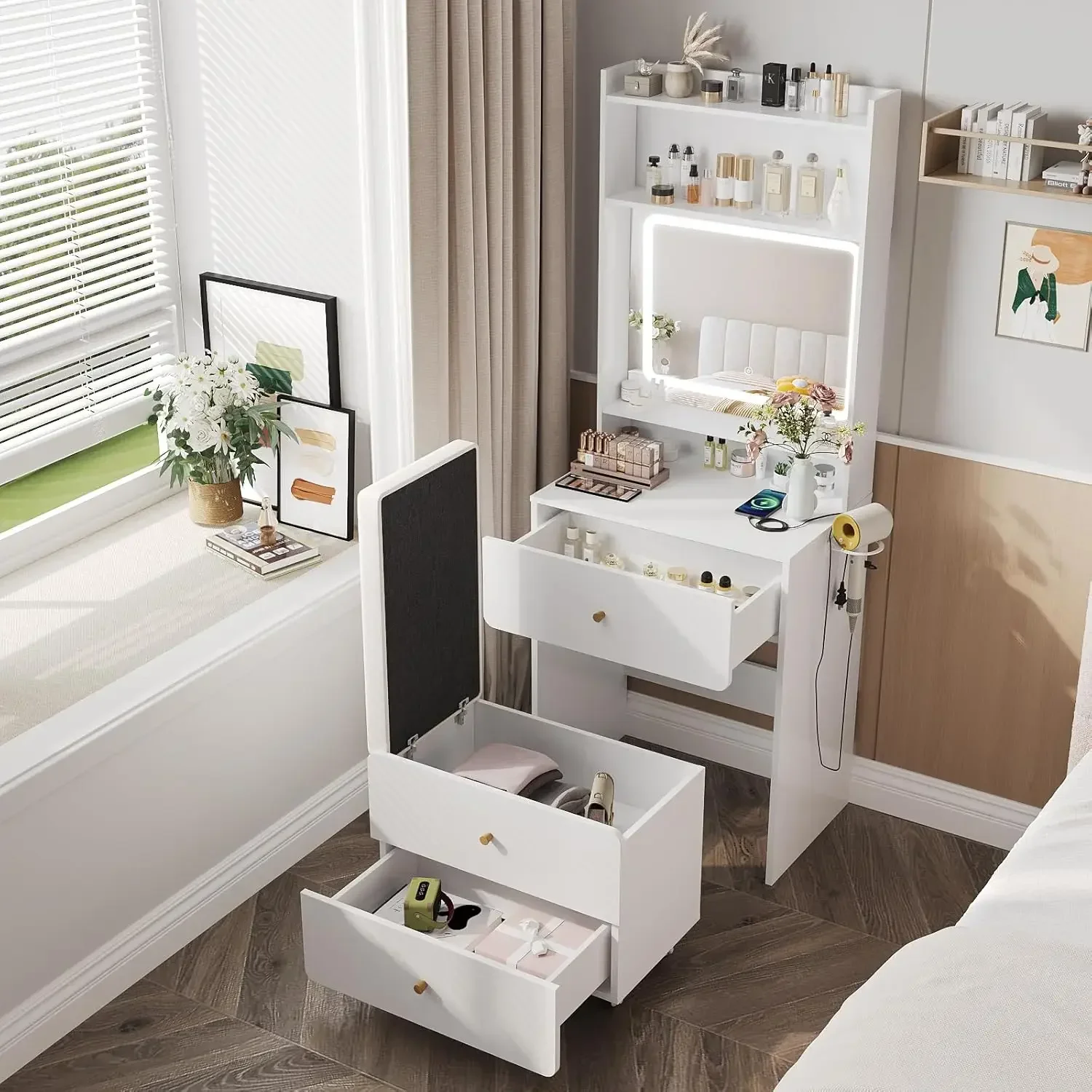 Desk Setup Small - โต๊ะเครื่องแป้งพร้อมกระจกและไฟจาก Vabches, ชุดโต๊ะเครื่องแป้งสีขาวพร้อมสถานีชาร์จ, โต๊ะเครื่องแป้งขนาดเล็กสำหรับเด็กผู้หญิงพร้อมที่เก็บของ
