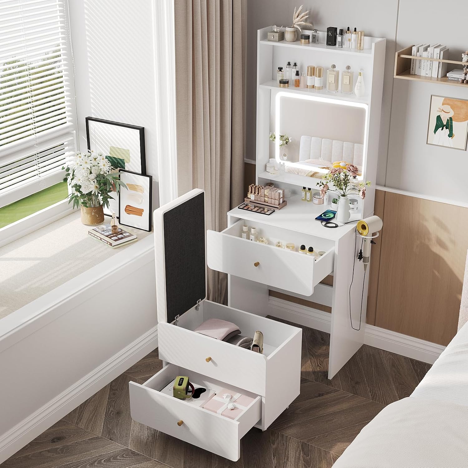 Desk Setup Small - โต๊ะเครื่องแป้งพร้อมกระจกและไฟ, โต๊ะเครื่องแป้งขนาดเล็กพร้อมเก้าอี้เก็บของ | ชุดโต๊ะเครื่องแป้งสีขาวพร้อมที่ชาร์จ