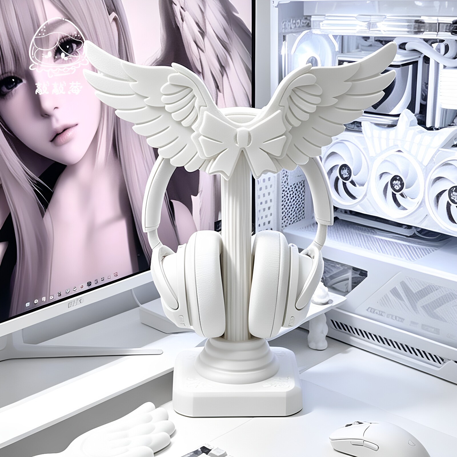 Headphone Hook Under - ที่วางหูฟังปีกนางฟ้าสุดน่ารัก พิมพ์ 3 มิติ รูปเสาโรมัน สีขาวไหม