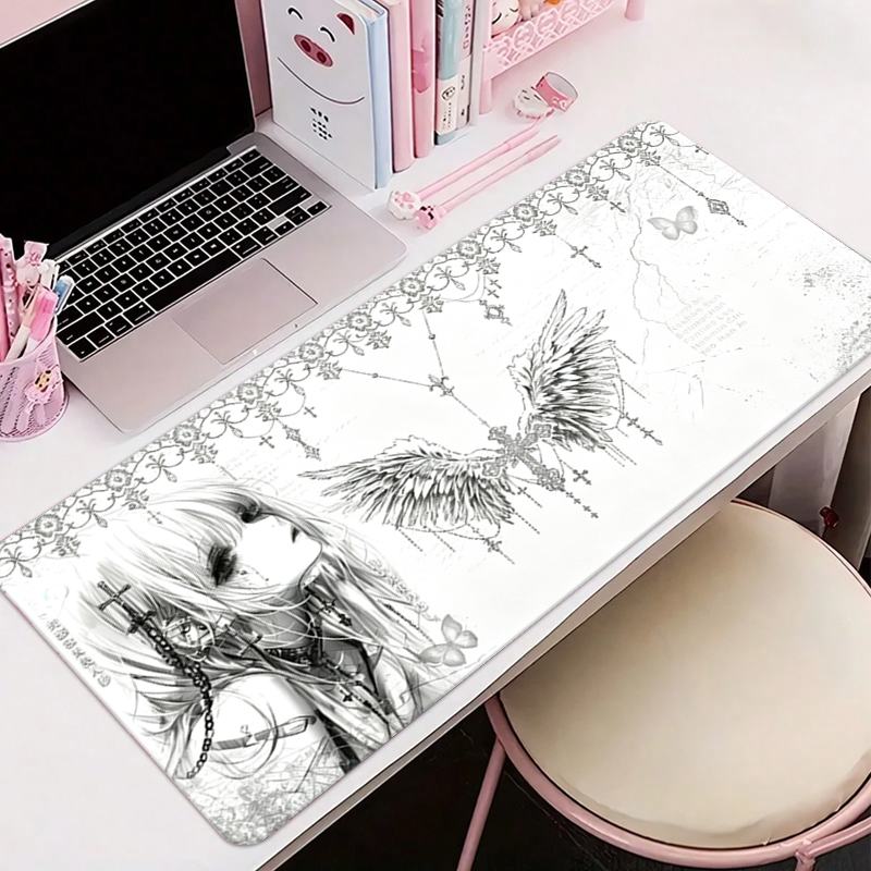 Desk Setup Cozy - แผ่นรองเมาส์หนังสีดำสีขาวอะนิเมะความงามของสาวนางฟ้าแผ่นรองเมาส์อุปกรณ์สำนักงานคีย์บอร์ดเกมพีซีอีสปอร์ต HD แผ่นรองโต๊ะ