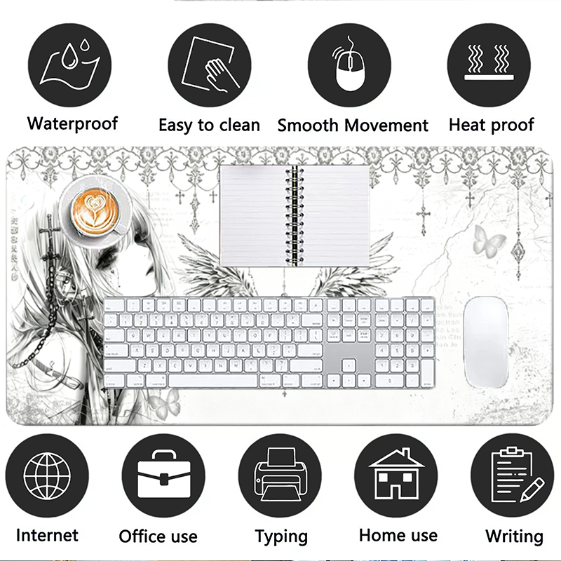แผ่นรองเมาส์หนังสีดำสีขาวอะนิเ - Desk Setup Cozy บทวิจารณ์และราคา